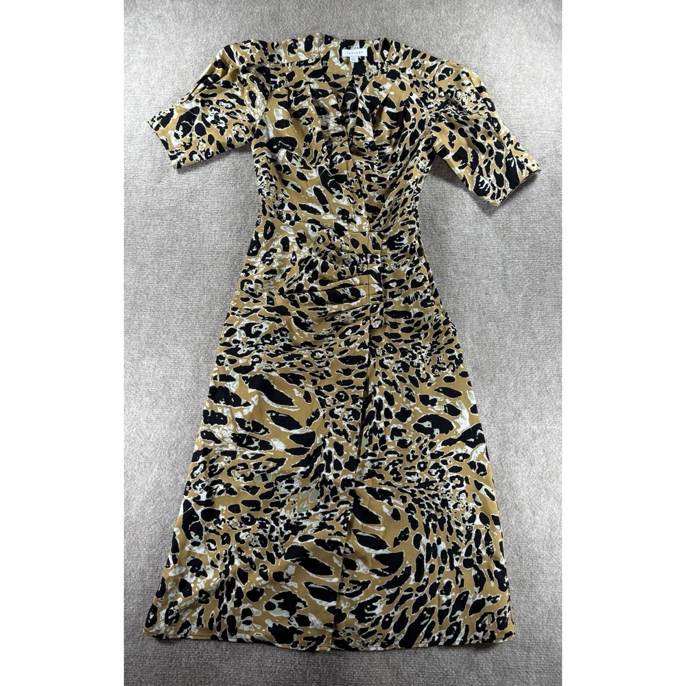 Topshop Animal Print Midi Dress Brown Black Ruched‎ Short Sleeve V-Neck Size 2
